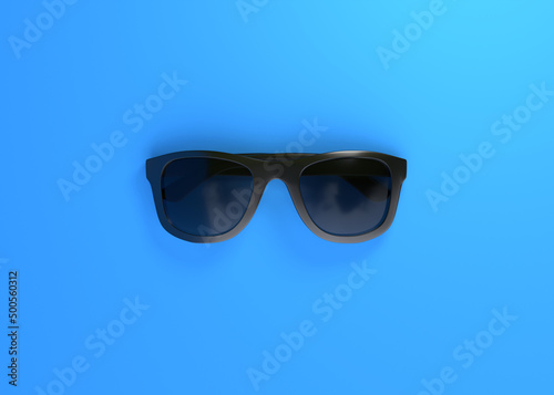 Black sunglasses on blue background. Top view. Minimal creative concept. 3d rendering 3d illustration