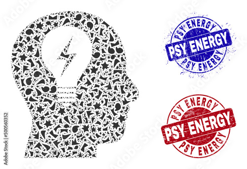 Fototapeta Naklejka Na Ścianę i Meble -  Round PSY ENERGY rough seals with tag inside round shapes, and detritus mosaic head bulb icon. Blue and red stamp seals includes PSY ENERGY title. Head bulb mosaic icon of debris particles.