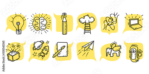 Set conceptual pictograms illustration creative symbol doodle style in yellow color