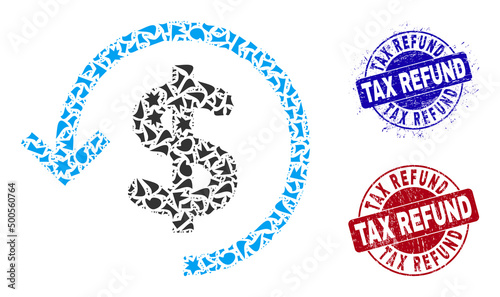 Round TAX REFUND scratched stamp seals with word inside round shapes, and shard mosaic refund icon. Blue and red seals includes TAX REFUND tag. Refund collage icon of debris elements.