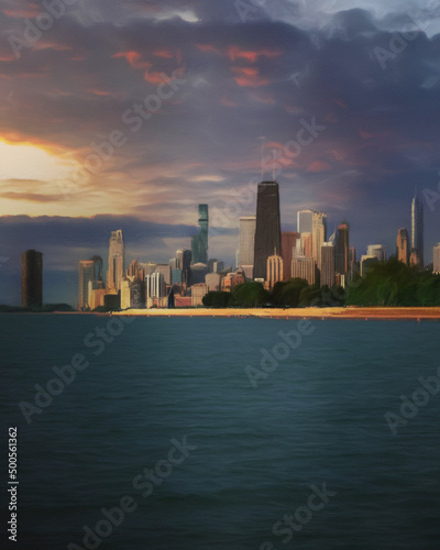Chicago USA city center skyscrapers and architecture  America travel downtown  drawing in oil wall art print for canvas or paper poster  tourism production design real painting modern artistic artwork