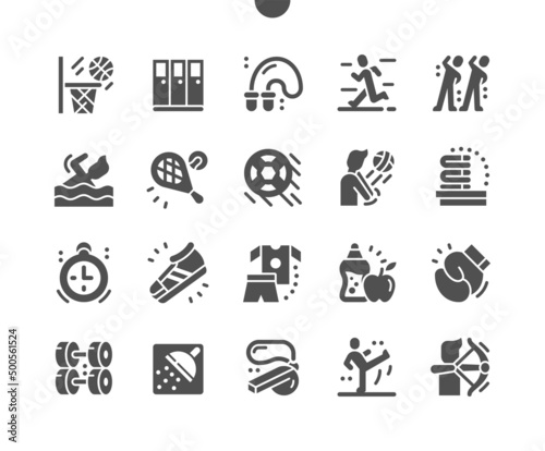 Sport school. Leisure activity, healthy and equipment. Basketball, swimming, volleyball, tennis, archery, football and other. Vector Solid Icons. Simple Pictogram