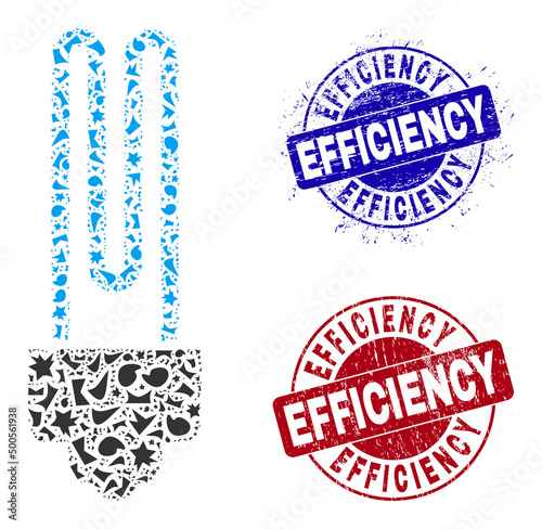 Round EFFICIENCY textured stamp imitations with word inside round shapes, and debris mosaic fluorescent bulb icon. Blue and red stamp seals includes EFFICIENCY title.
