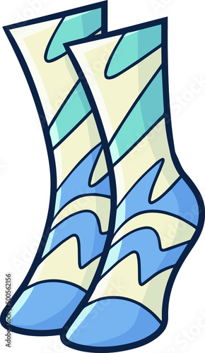 Funny socks with blue and light brown stripes cartoon illustration