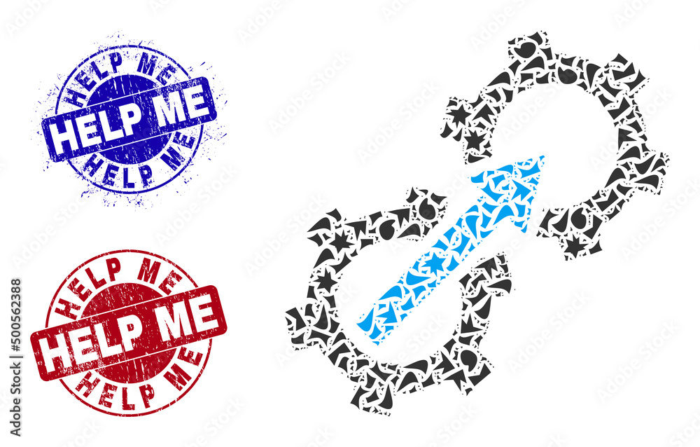 Round HELP ME dirty seals with text inside round shapes, and spall mosaic gear integration icon. Blue and red stamp seals includes HELP ME tag. Gear integration mosaic icon of fragment parts. Round HELP ME dirty seals with text inside round shapes, and spall mosaic gear integration icon. Blue and red stamp seals includes HELP ME tag. Gear integration mosaic icon of fragment parts.