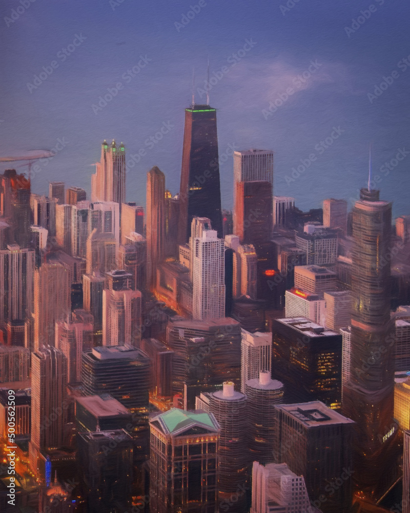 Obraz premium Chicago USA city center skyscrapers and architecture, America travel downtown, drawing in oil wall art print for canvas or paper poster, tourism production design real painting modern artistic artwork
