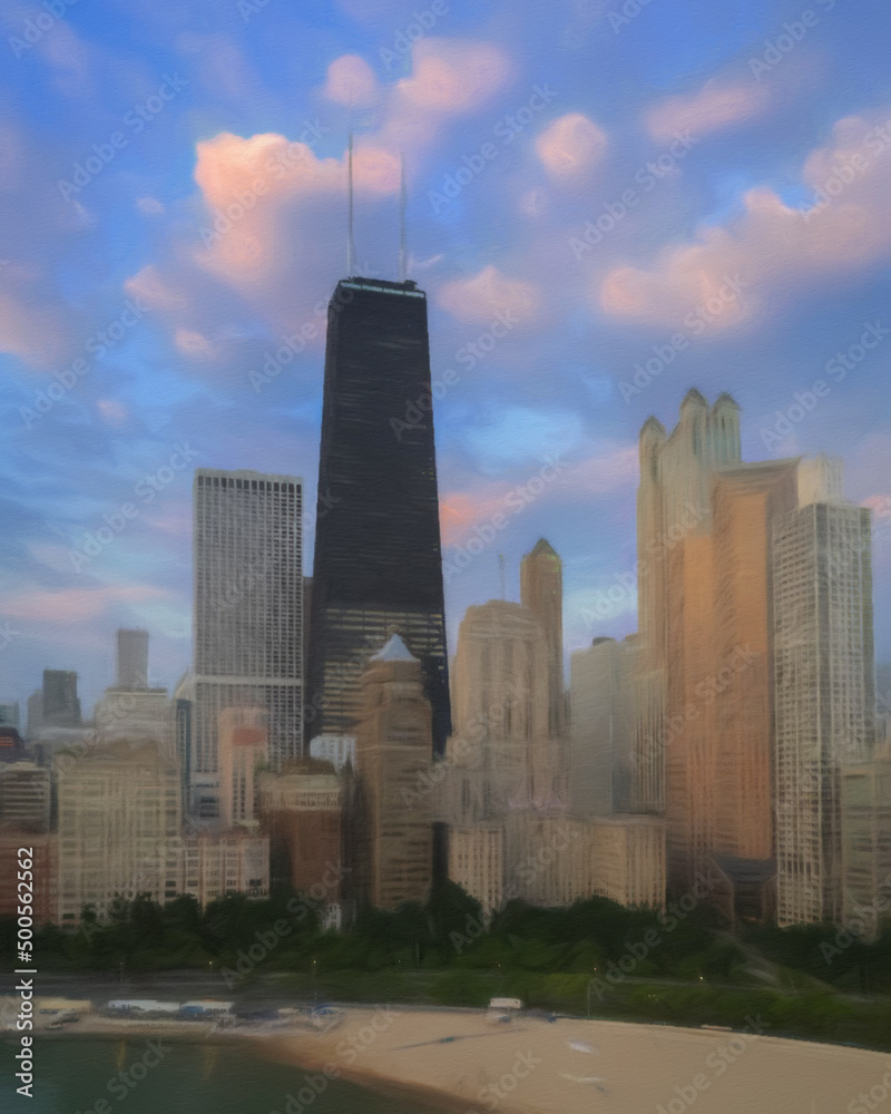 Fototapeta premium Chicago USA city center skyscrapers and architecture, America travel downtown, drawing in oil wall art print for canvas or paper poster, tourism production design real painting modern artistic artwork