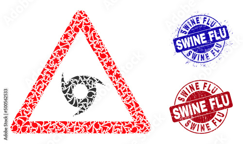 Round SWINE FLU unclean stamp prints with caption inside round shapes, and shard mosaic tornado warning icon. Blue and red stamp seals includes SWINE FLU caption.