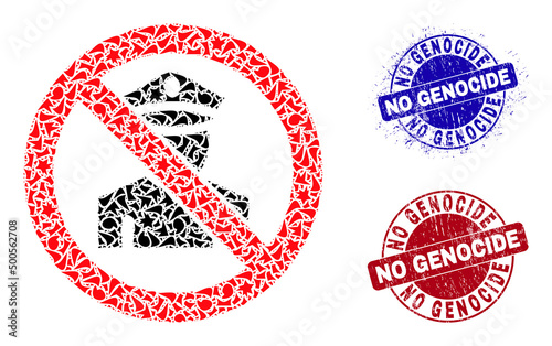 Round NO GENOCIDE dirty stamp seals with caption inside circle shapes, and shard mosaic stop policeman icon. Blue and red stamps includes NO GENOCIDE text.