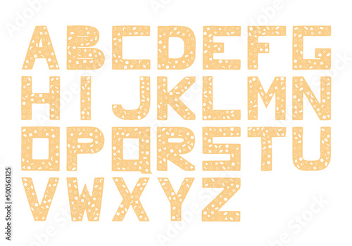 Golden English alphabet with different characters inside the letters. Hand Drawn. Freehand drawing. Doodle. Sketch.