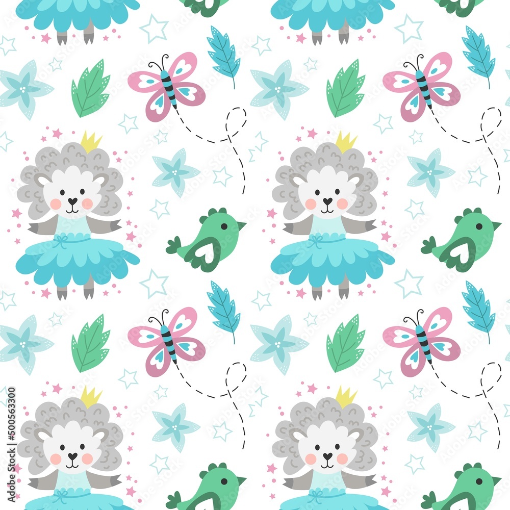 Naklejka premium Vector seamless pattern of sheep, butterflies, birds. Spring background.