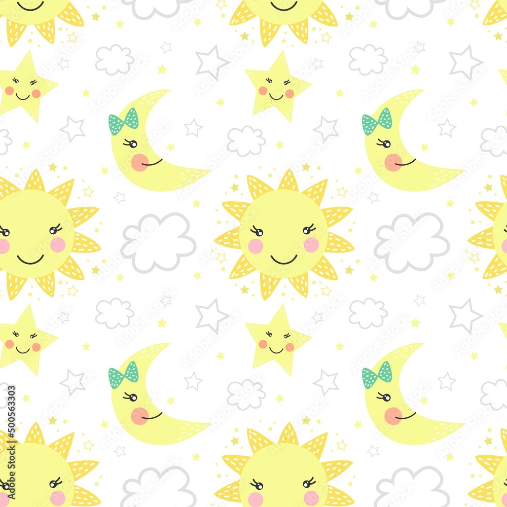 Vector seamless pattern of month, moon, clouds. Spring background.