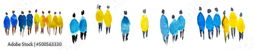Watercolor Ukraine flag background.  National symbol of Ukraine. Country illustration. No war. Color blot with watercolor depiction of a group of people. Hand-painted watercolor people.