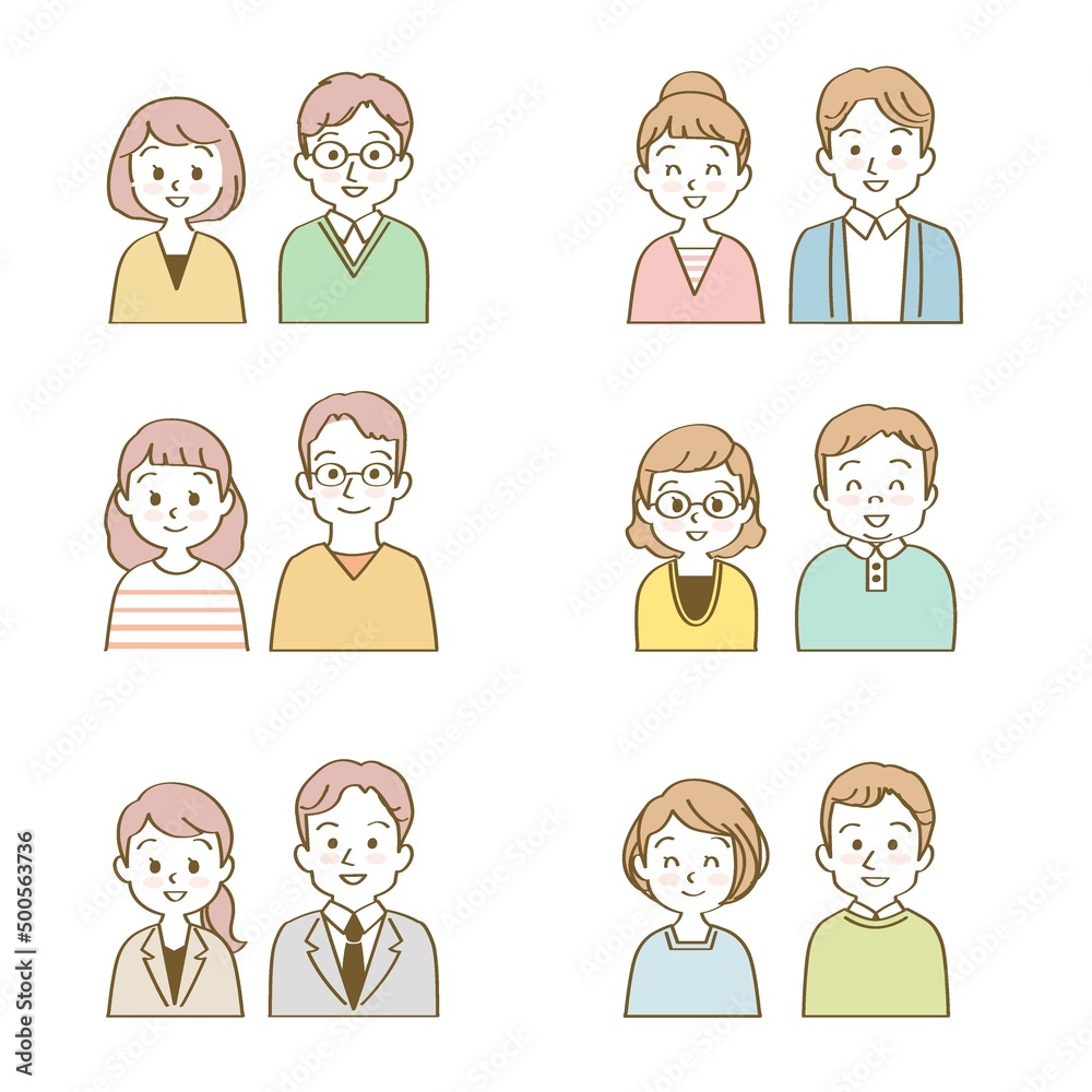 イラスト素材セット:笑顔で仲良く正面を向いた若い男女夫婦、パートナー(バストアップ/主線あり)
イラスト素材セット:笑顔で仲良く正面を向いた若い男女夫婦、パートナー(バストアップ/主線あり)
