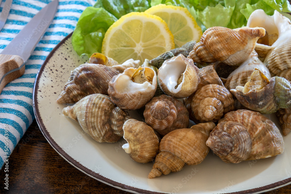 cooked whelks on a plate with salad and lemon cooked whelks on a plate with salad and lemon
