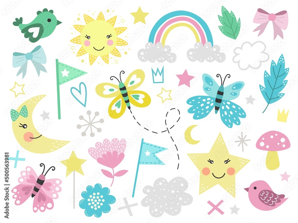 Spring set, hand drawn elements- flowers, birds, rainbow and other. Perfect for scrapbooking, greeting card, party invitation, poster, tag, sticker kit. Vector illustration.