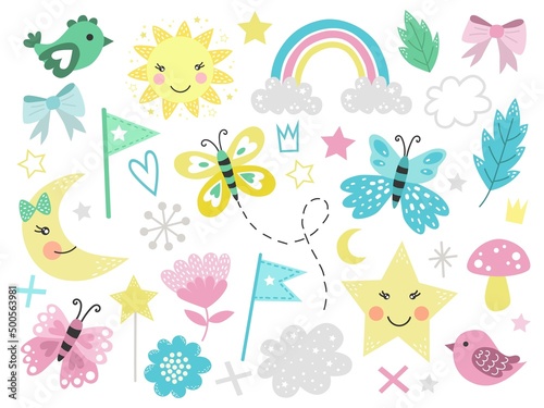 Spring set  hand drawn elements- flowers  birds  rainbow and other. Perfect for scrapbooking  greeting card  party invitation  poster  tag  sticker kit. Vector illustration.