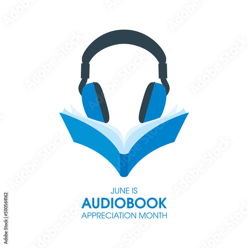 June is Audiobook Appreciation Month vector. Open blue book and headphones icon vector isolated on a white background. Fun listening to books. Important day