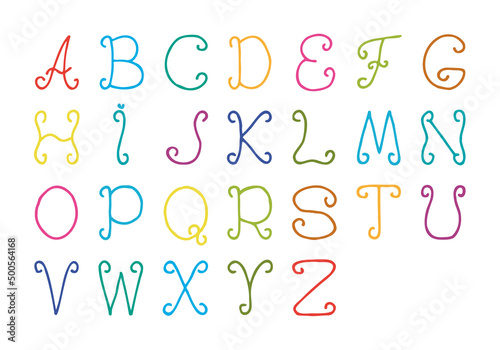 Colorful calligraphic English alphabet in doodle style. Freehand drawing. Sketch. Hand Drawn.	