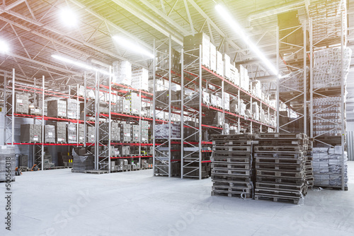 logistics warehouse with racks and flights
