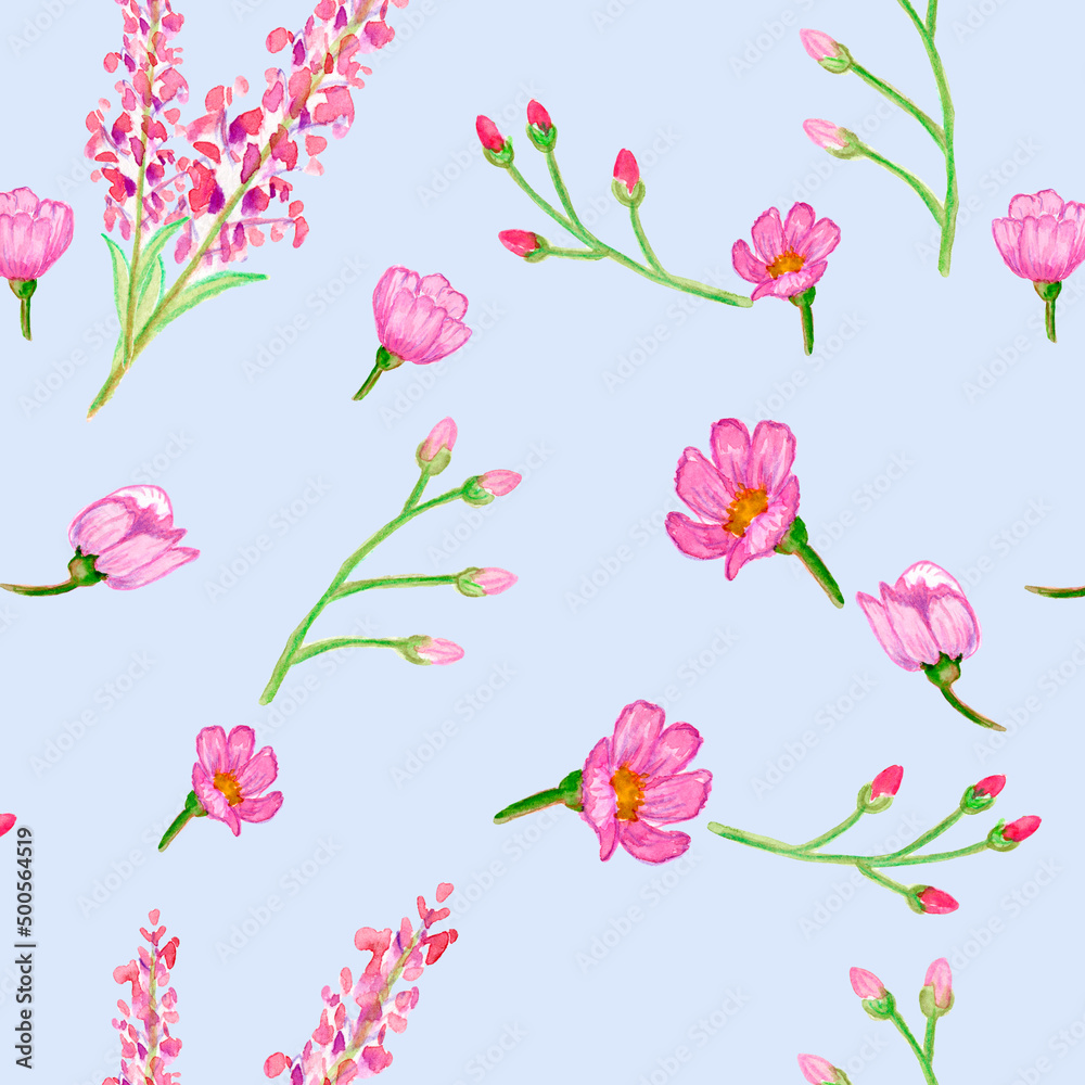 Seamless pattern, watercolor illustration, bouquet of flowers, flowers, roses, summer,Shabby vintage roses, tulips and forget-me-nots vintage seamless pattern, classic chintz floral repeat background