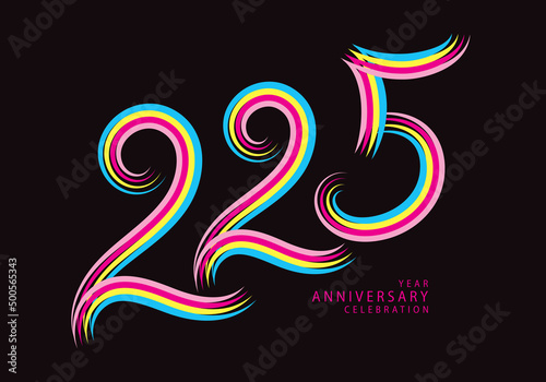 225 number design vector, graphic t shirt, 225 years anniversary celebration logotype colorful line, 225th birthday logo, Banner template, logo number elements for invitation card, poster, t-shirt.