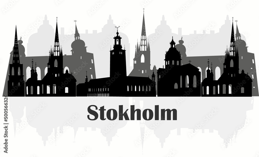 outline silhouette of the city of stockholm in black and white