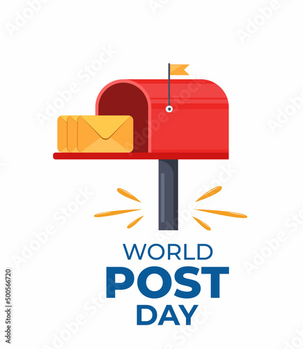 World post day design template. Design for greeting cards, banner or print. Mailbox with a raised flag, with an open door and letters inside. Vector illustration.