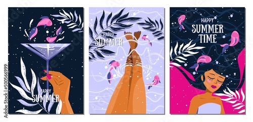 Set of summer postcards with a woman, cocktail, pool, fishes and palm leaves. Tropical illustration. Summer holliday, party, vacation, travel. Vector templates for card, poster, flyer, banner and othe