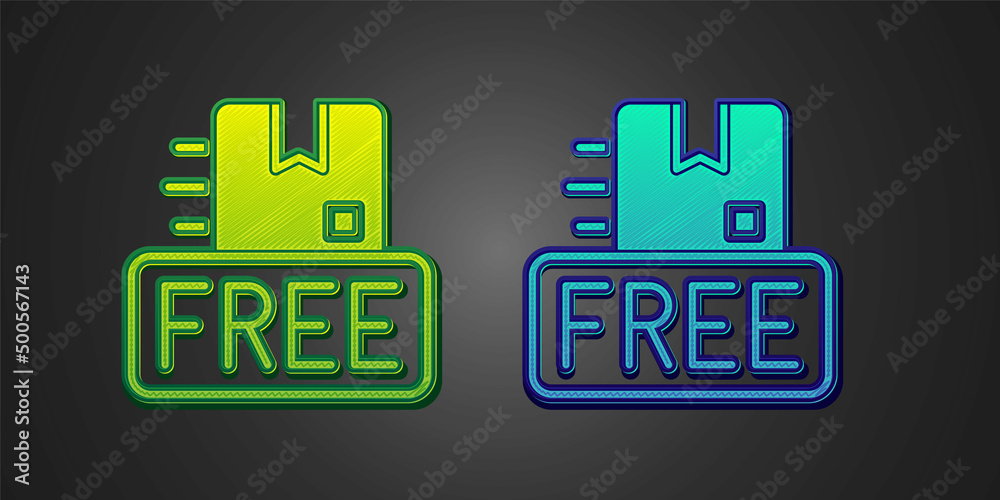 Green and blue Cardboard box with free symbol icon isolated on black background. Box, package, parcel sign. Delivery, transportation and shipping. Vector Green and blue Cardboard box with free symbol icon isolated on black background. Box, package, parcel sign. Delivery, transportation and shipping. Vector