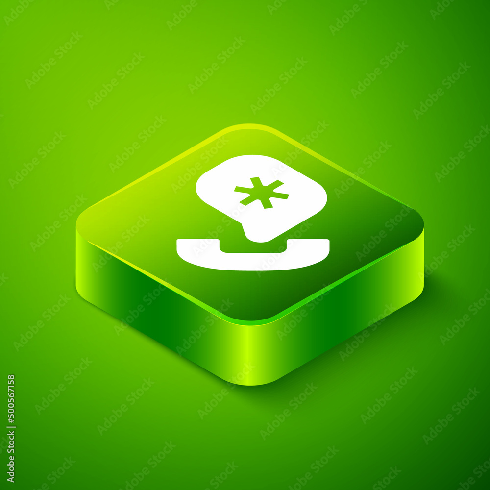 Isometric Telephone with emergency call 911 icon isolated on green background. Police, ambulance, fire department, call, phone. Green square button. Vector Isometric Telephone with emergency call 911 icon isolated on green background. Police, ambulance, fire department, call, phone. Green square button. Vector