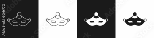Set Carnival mask icon isolated on black and white background. Masquerade party mask. Vector