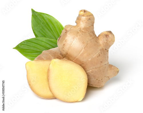 Fotografia Close up, Fresh ginger root  with sliced and green leaves isolated on white back