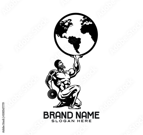 Gym Logo Template. Atlas Titan Holding Globe in one hand and a dumbbell in another hand - Vector Illustration