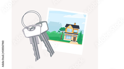 A bunch of keys and a photo of a cozy home. Commemorative photo. Flat vector illustration. Eps10