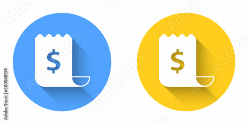 White Paper check and financial check icon isolated with long shadow background. Paper print check, shop receipt or bill. Circle button. Vector