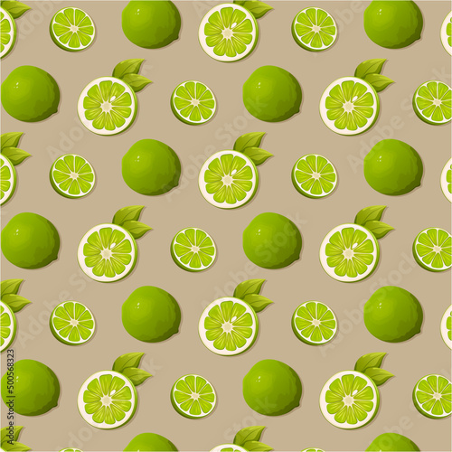 Seamless pattern lime citrus fruit vector illustration. Slices and whole with leaves. Vitamin summer healthy food on beige background for packaging, wrapping paper, textile, gift