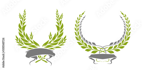 Set of laurel wreaths and ribbons. Collection of award or victory signs. Heraldry emblem. Olive green color. Vector illustration