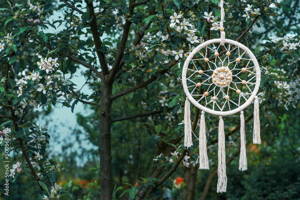 Dreamcatcher handmade spider net or web charm on willow hoop, string, beads. Native crafts items in boho style. Decorative ornament in the garden among rose bushes in spring or summer morning