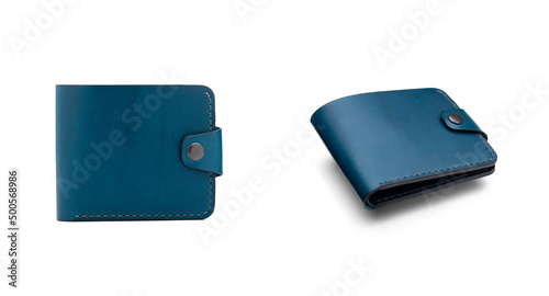 Set of Stylish leather blue men wallet isolated on white background.  photo