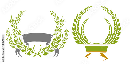 Set of laurel wreaths and ribbons. Collection of award or victory signs. Heraldry emblem. Olive green color. Vector illustration