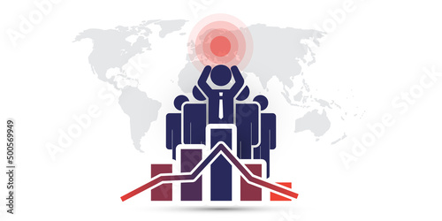 Global Economic Downfall Because of the Sanctions Due to the War in Ukraine - Financial Problems, Economic Crisis - Design Concept with World Map, Charts and Business Men Holding Their Head