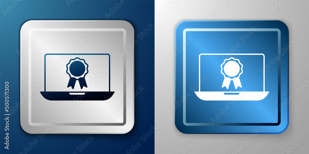 White Online education with diploma icon isolated on blue and grey background. Diploma online at home. Webinar and video seminar learning. Silver and blue square button. Vector White Online education with diploma icon isolated on blue and grey background. Diploma online at home. Webinar and video seminar learning. Silver and blue square button. Vector