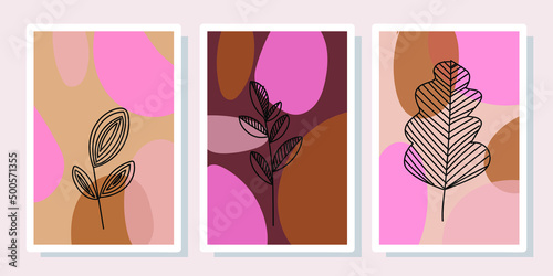 Set of abstract tropical wall arts vector illustration. Flowers,leaves,shapes,line arts, botanical background design,