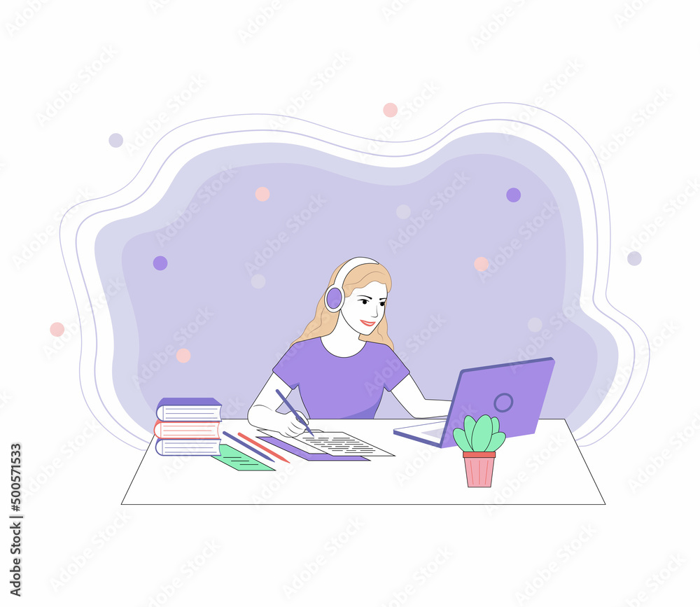 Online education concept with a girl, computer and books. Landing page template, vector illustration in flat style.