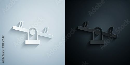 Paper cut Seesaw icon isolated on grey and black background. Teeter equal board. Playground symbol. Paper art style. Vector