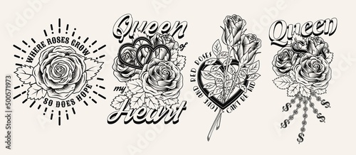 Set of black and white vintage labels with roses, dollar sign, chains with rhinestones, text, quotes. Vector monochrome illustration. T-shirt design.