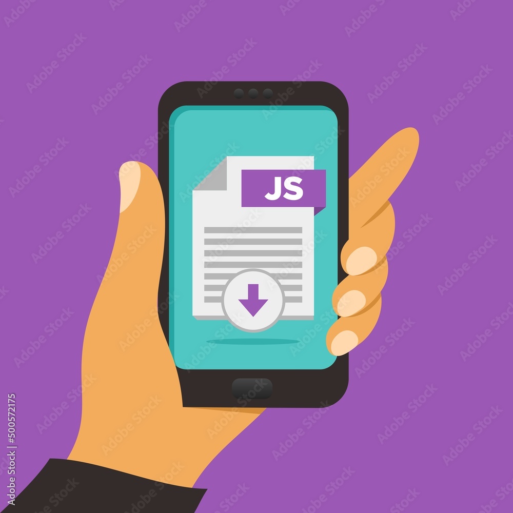File download button on smartphone screen. Hand holds smartphone, finger touches button. Downloading document concept for web banners, web sites, infographics. Creative flat design vector illustration