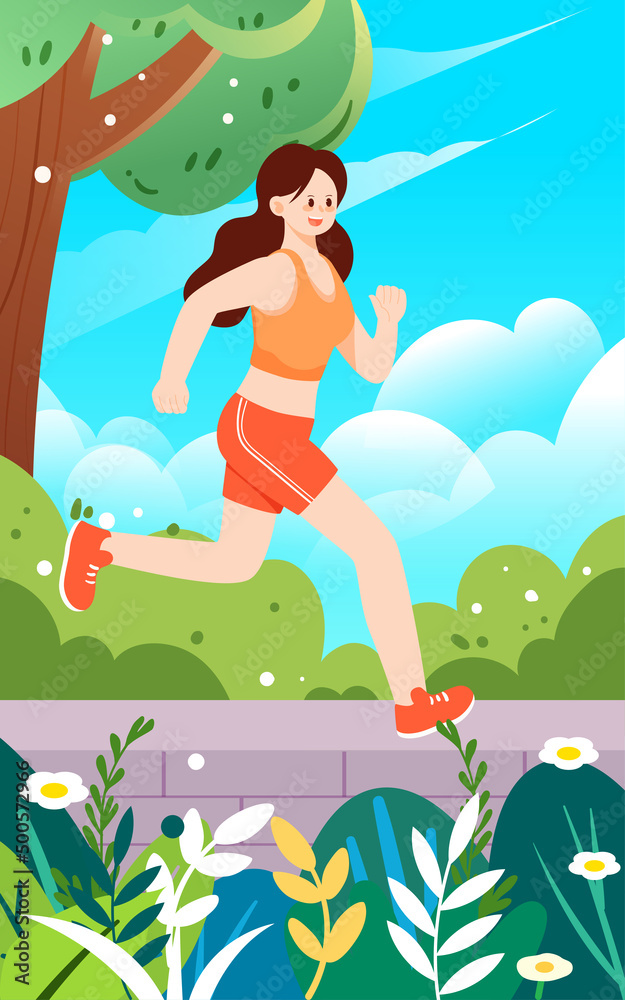 Girl is running to lose weight, with summer trees and plants in the background, vector illustration