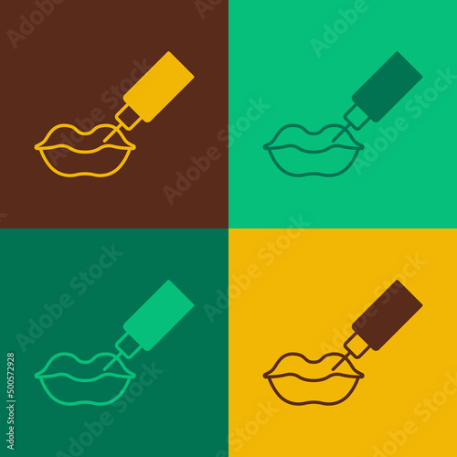 Pop art Lip augmentation icon isolated on color background. Hyaluronic acid lips injection. Contour plastic. Vector